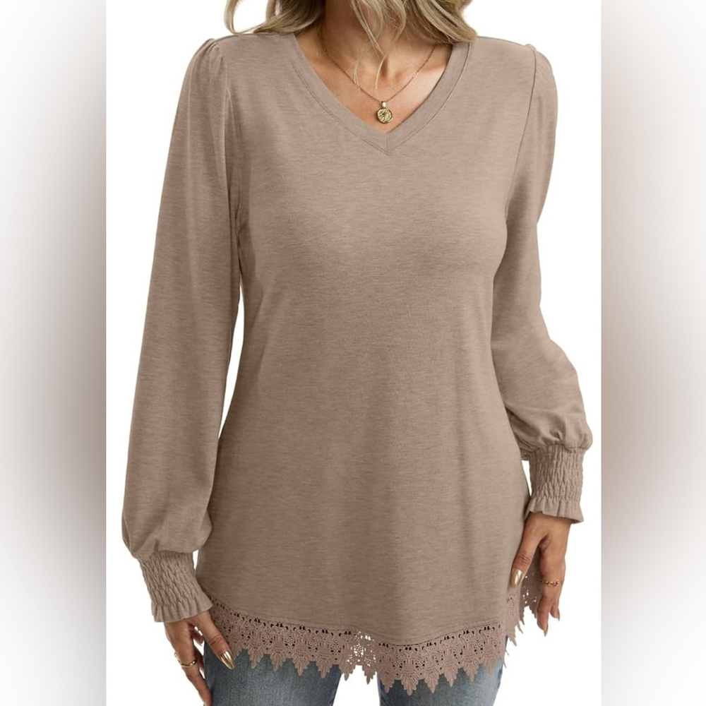 Elegant Long Sleeve Blouse with Lace Hem
